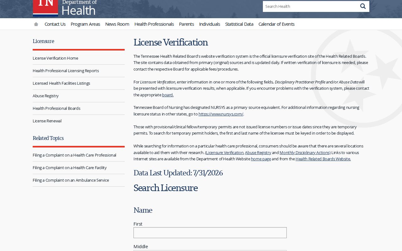 Shelby County public records Tennessee health license search