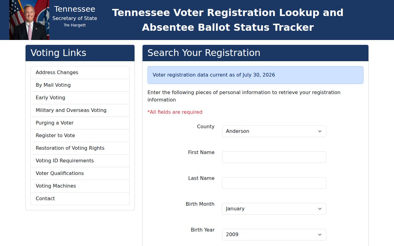 Shelby County voter registration lookup fields on Tennessee's official portal